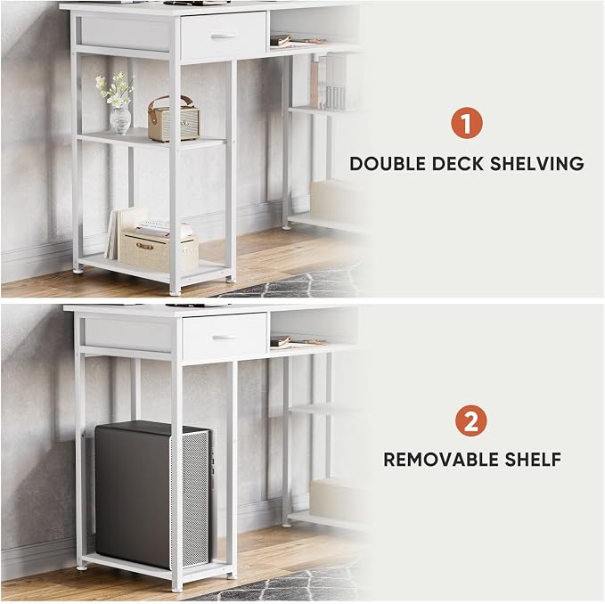 DUMOS 48" Small Computer Home Office Desk for Bedroom with Drawers, Gaming Writing Study Table with Storage Shelf, Adjustable Feet, Compact Desk for Gaming and Home Office Use, Metal Frame White