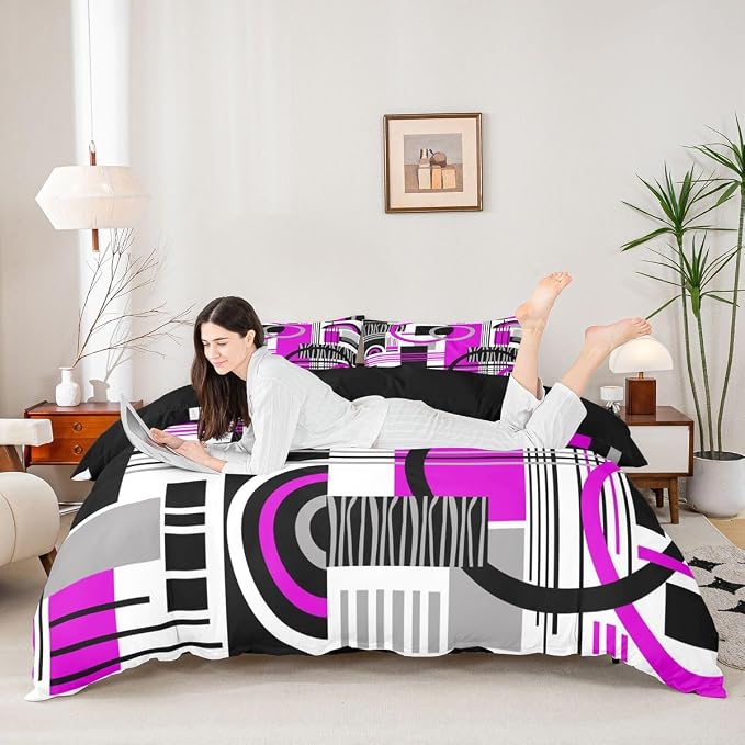 Erosebridal Art Deco Mid Century Duvet Cover Set Retro Modern Abstract Geometric Queen Bedding Set for Kids Teens Child Black and White Purple Circles Stripes Comforter Cover Contemporary Bed Sets
