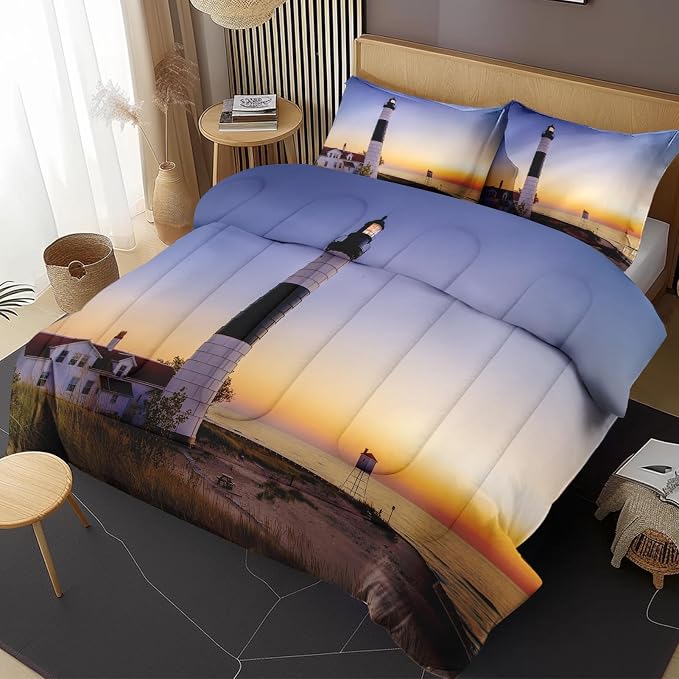 Comforter Set with 2 Pillowcases King Size, Coastal Lighthouse Michigan Beach Lake, Bed Decor Sea Ocean House Sunset Seascape for Kids and Adults, Soft Cozy Bedroom Bedding Set