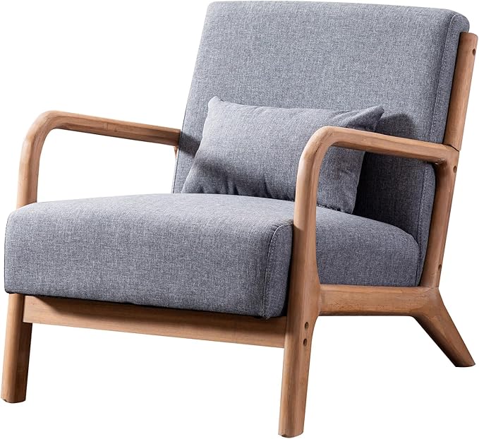 ANJ Mid Century Modern Accent Chair, Single Fabric Lounge Reading Armchair with Solid Wood Frame, Easy Assembly Arm Chairs for Living Room, Grey