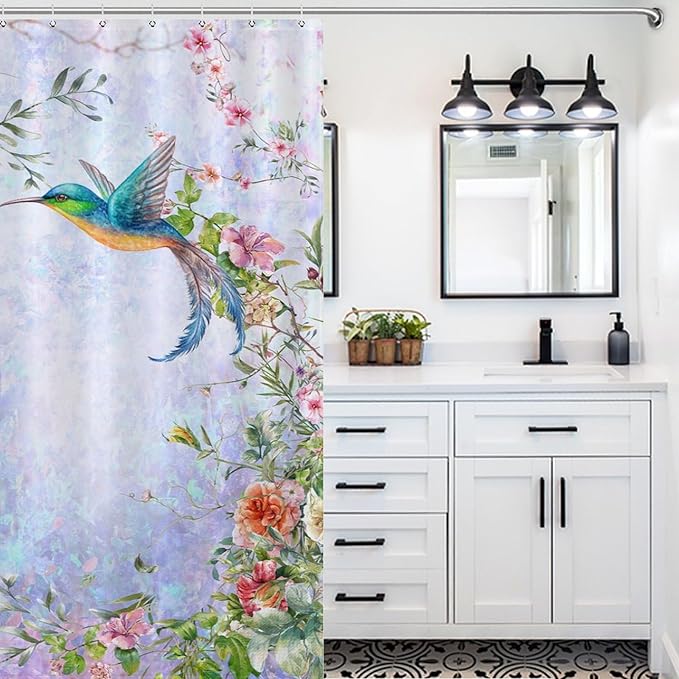 Hummingbird Flower Shower Curtain for Girls,Purple Watercolor Floral Bird Nature Plant Waterproof Shower Curtains for Bathroom Decor 12 Pack Hooks 72x72in (183x183cm)
