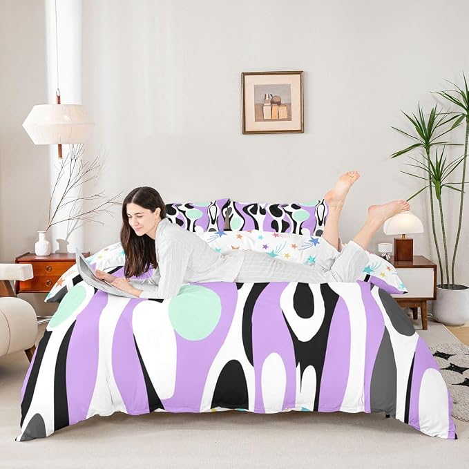 Erosebridal Organic Geometric Duvet Cover Set Modern Abstract King Bedding Set for Adult Men Retro Mid Century Comforter Cover Modern Fluid Art Irregular Circles Bed Sets,Lavender Mint Green