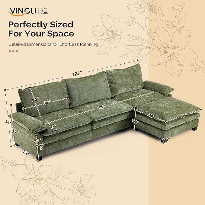 VINGLI 122" Cloud Double-Layer Deep Convertible Sectional Sofa, Comfy L-Shape 3-Seat Couches for Living Room, Modern Couch with Movable Ottoman for Small Space, Olive Green, Chenille