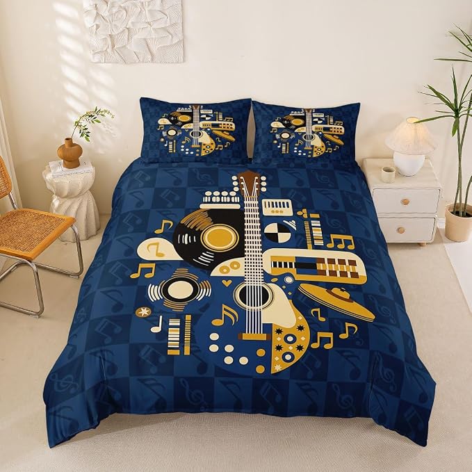 Erosebridal Retro Music Duvet Cover Full for Boys Men - Abstract Instruments Guitar Bedding Set Vinyl Record Rock Roll Comforter Cover,Checkered Musical Notes Bed Set