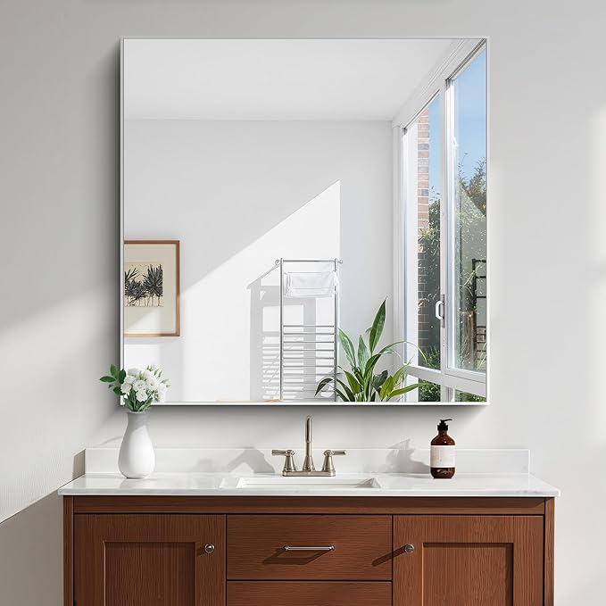 KOCUUY Silver Mirror, 42"x42" Square Bathroom Mirror for Wall, HD Tempered Glass, Anti-Rust Frame, Modern Design for Bathroom, Bedroom, Living Room, Entryway