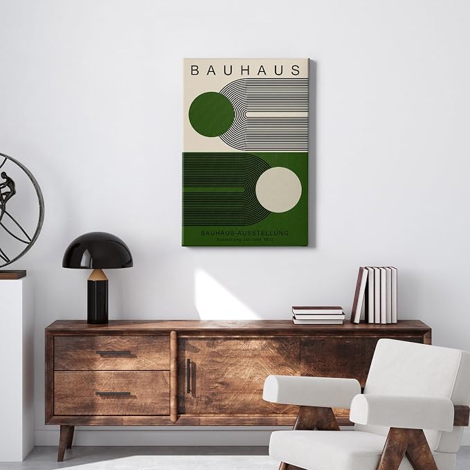 Minimalist Green Bauhaus Wall Art Abstract Geometric Prints Boho Neutral Picture Bauhaus Exhibition 1923 Poster Mid Century Modern Painting Green and Beige Canvas 16x24inch Wood Framed