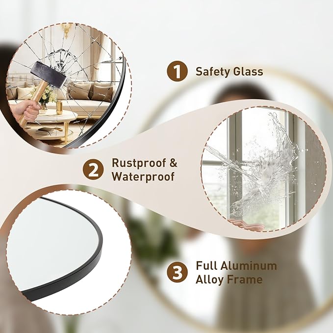 NEWBULIG Wall Mirror, Bathroom Mirror for Over Sink, Matte Metal Framed Vanity Mirror, Wall Decor for Bedroom, Tempered Glass