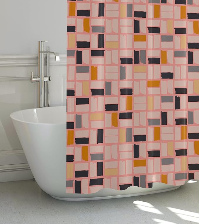 Pink MidMod Shower Curtain – 72x72 Mid Century Modern Bathroom Curtain with Abstract Square Pattern, Retro Colorful Fabric Design for Apartments, Guest Baths, or Dorms
