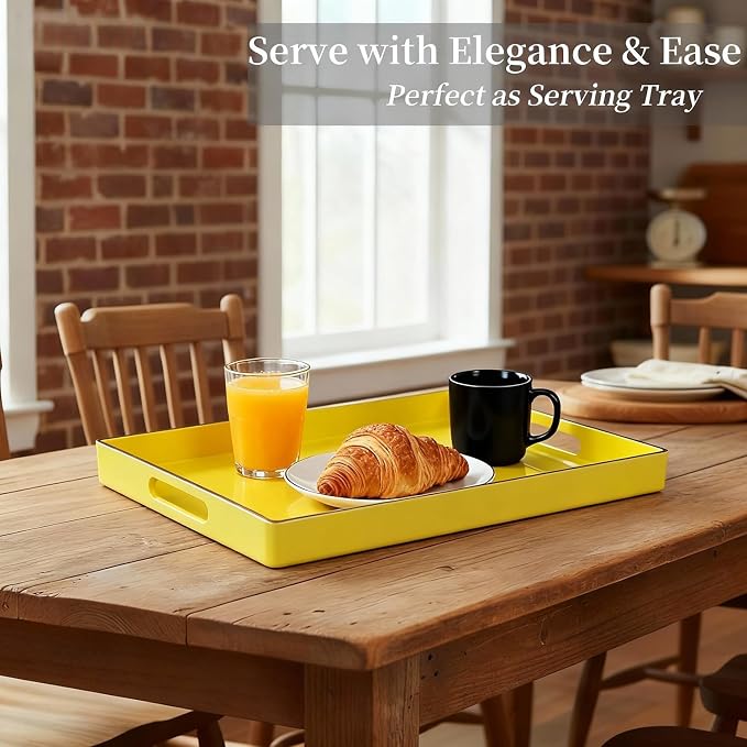 Decorative Plastic Serving Tray with Handles, Modern Vanity Organizer for Bathroom, Kitchen, Ottoman and Coffee Table (Yellow, Rectangular)