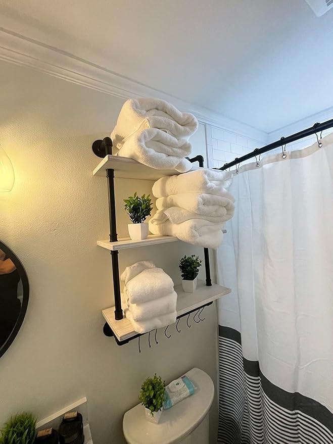 ROGMARS Industrial Pipe Shelving Bathroom Shelves with Towel Bar,3 Tier 24 inch Retro White Rustic Farmhouse Industrial Wall Shelf Bathroom Shelves Over Toilet for Storage