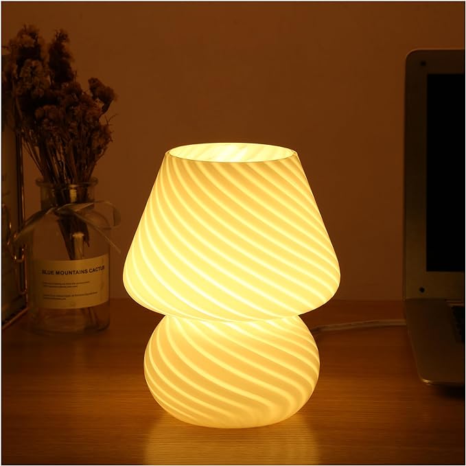 BSOD Mushroom Lamp,Glass Table Bedside Lamps Translucent Murano Vintage Style Striped Small Night Mushroom Decor Light Swirl for Ambient,Kids,Bedroom,Living,Girl Gift (Stripe White)