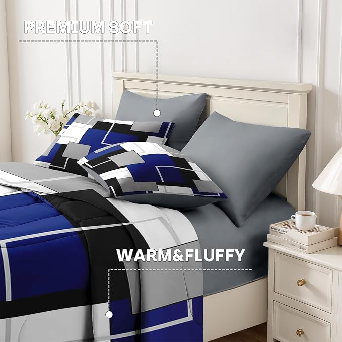 Nesker Comforter Set Queen Size, Blue Black Geometric 7 Pcs Bedding for Kids and Adults, Abstract Modern Grey Bed Sheet Sets with Fitted Sheet 2 Pillowcases & 2 Shams