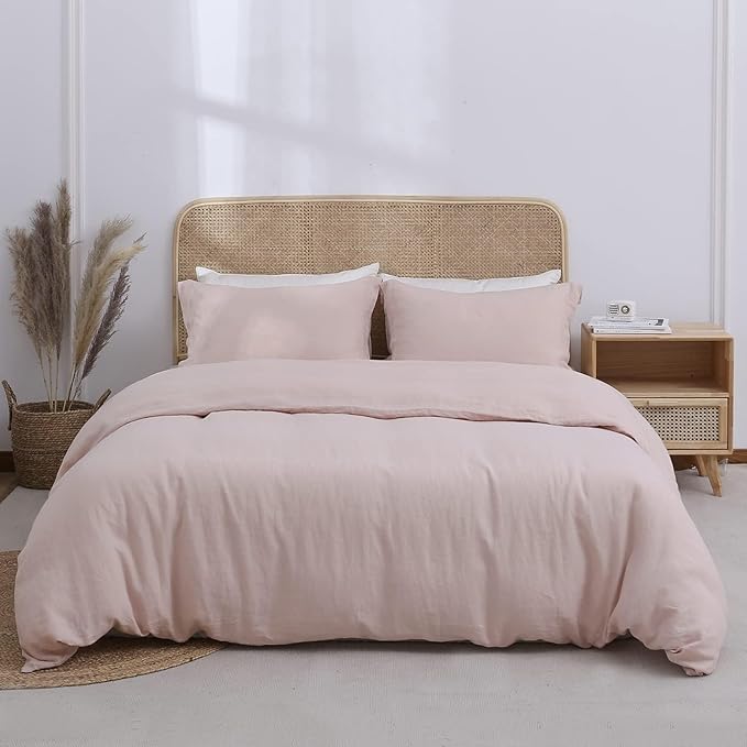Simple&Opulence 100% Linen Duvet Cover Set, 3 PCS Natural French Flax Blush Pink Duvet Cover King Size, Breathable Soft Comfy Linen Bedding Comforter Cover with 2 Pillowcases(Blush Pink, 104"x92")