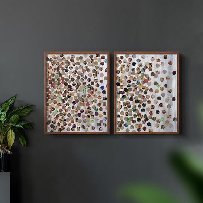 Renditions Gallery Set of 2 Peel & Stick Framed Prints, Textured Abstract Wall Art, Scattered Circular Cutouts Wall Decor, Re-Stickable - Ready to Hang - 16"x20" - Walnut Frame LT588