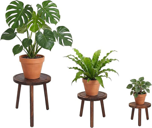3-Pack Wood Plant Stands Indoor, Single Plant Stand for 6-12 Inch Pots, Mid-Century Modern Plant Stool, Tall Plant Stand for Large Plants for Living Room, Balcony, Office