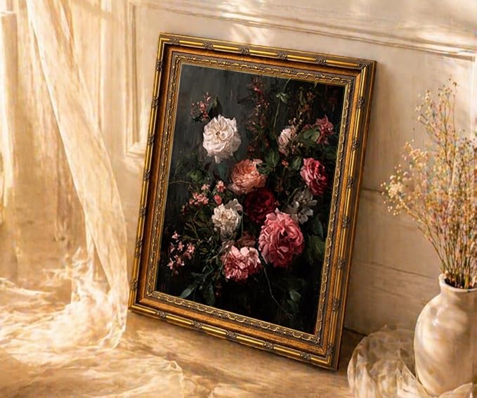 Dark Romantic Floral Wall Art Vintage Botanical Painting Moody Flower Still Life Print Gothic Dark Academia Wall Decor Antique Style Floral Picture Framed Vintage Frame 8x10 Inches