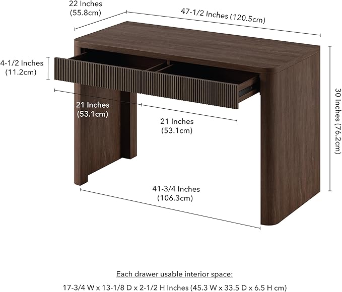 Henn&Hart 48'' Fluted Modern Rectangular Home Office Desk, Ribbed Computer Desk, Writing Table with 2 Drawers for Home Office, Heritage Oak