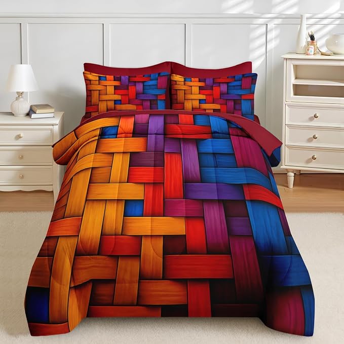 Nesker 7 Pcs Comforter Set King Size, Colorful Geometric Bedding Set for Kids and Adults, Abstract Minimalist Bed Sheet Sets with Fitted Sheet 2 Pillowcases & 2 Shams