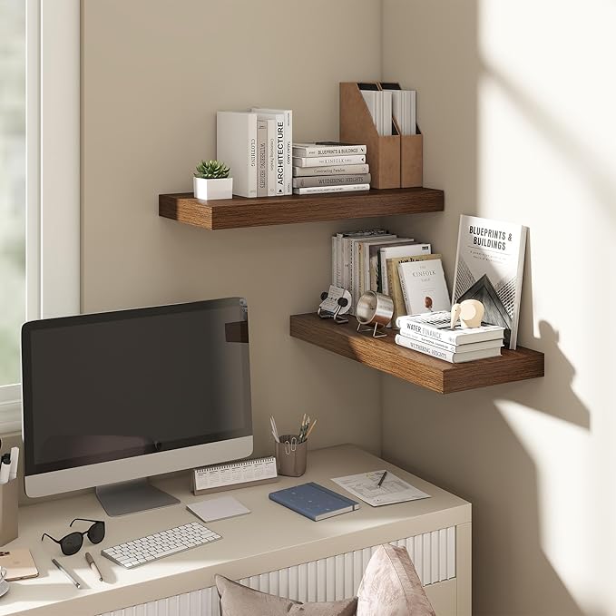 Dreamland Floating Shelves for Wall,8 Inch Deep Floating Shelves,24" W x 8" D Wall Shelves for Bedroom, Living Room, Kitchen, Bathroom,Walnut,Set of 2