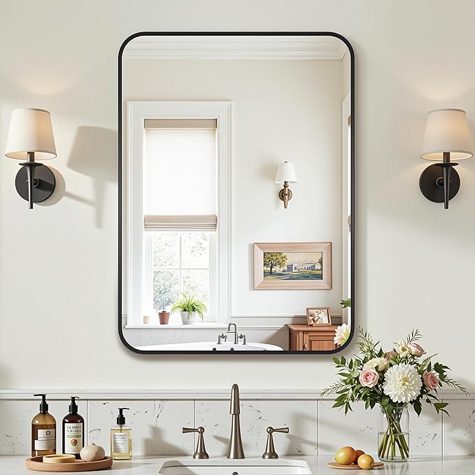Bathroom Mirrors for Over Sink 22" x 30", Black Metal Frame Rounded Corner Rectangle Wall Mirror, Modern Farmhouse Vanity Mirror(Horizontal/Vertical)