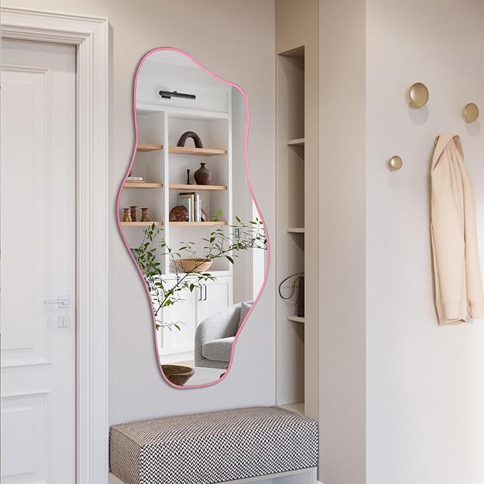Large Irregular Mirror, 54.5"x24" Pink Asymmetrical Tempered Glass Mirror, Frameless Organic Shaped Mirrors for Entryway Hallway Bedroom Living Room, Horizontal or Vertical Hanging