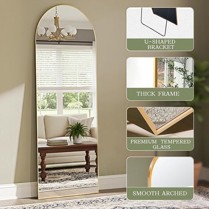 MISSDAY 64"x21" Arched Full Length Mirror, Full Body Mirror with Stand, Floor Mirror Long Free Standing, Leaning or Hanging, Aluminum Thin Frame Wall-Mounted Mirrors Wall Mirrors for Bedroom, Gold