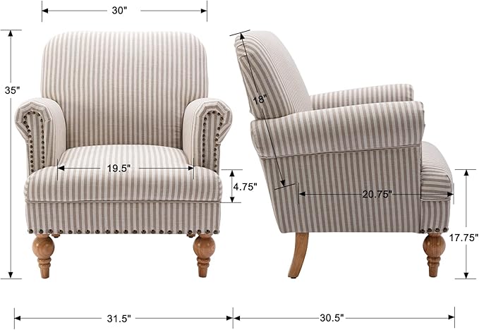Linen Accent Chairs Set of 2 Mid-Century Modern Living Room Armchair with Nailhead Trim & Wood Legs Comfy Upholstered Single Sofa Chair for Lounge/Bedroom/Reception, Khaki Stripe