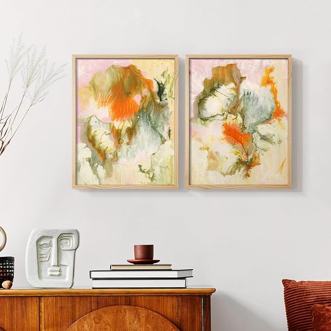 Renditions Gallery Set of 2 Peel & Stick Framed Prints, Modern Abstract Wall Art, Mix Color Oil Paint Design Wall Decor, Re-Stickable - Ready to Hang - 8"x10" - NATURAL WOOD Frame LT588