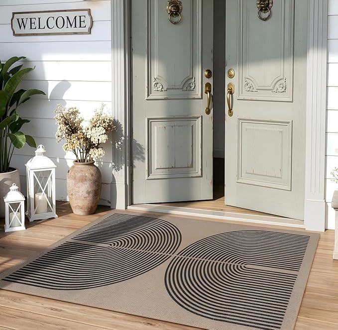 Lahome Modern Rainbow Easy Jute Rug, 3x5 Washable Rugs for Entryway Farmhouse Black Patio Carpet, Non Slip Indoor Door Mat Contemporary Outdoor Porch Carpet for Laundry Guestroom Room Decor