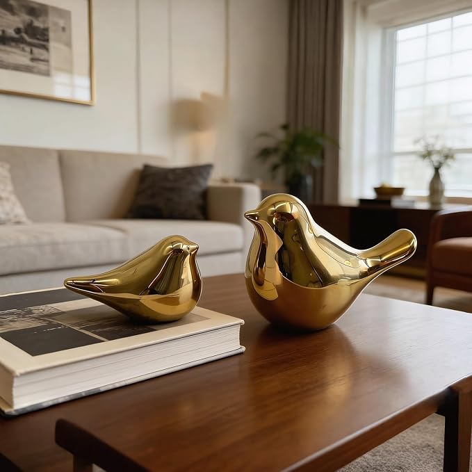 statueBird Statues, Modern Home Decor, Suitable for desks, Bookshelves, bedrooms, Living Rooms, cabinets, and Fireplace Mantel Decorations. Ceramic Animal Statues. (Gold)