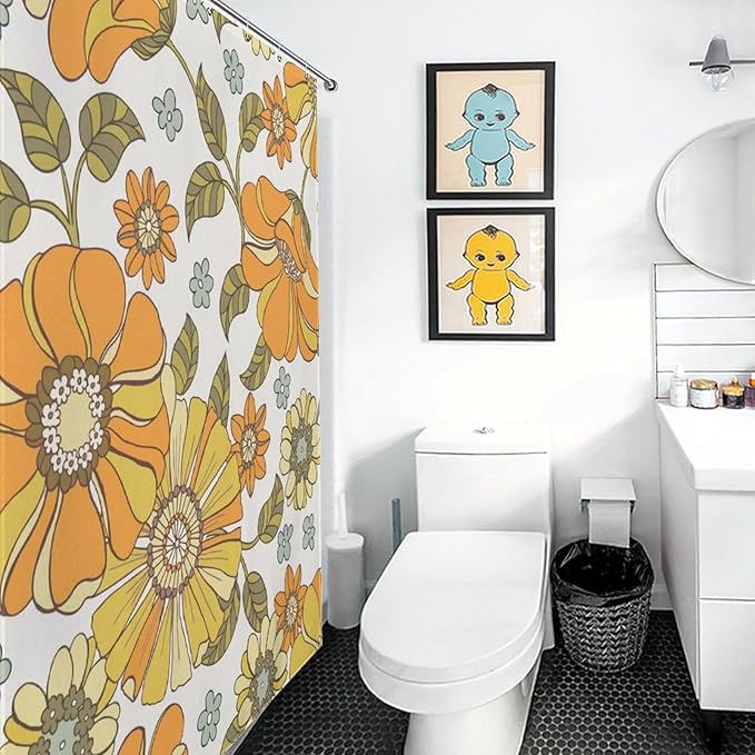 Daisy Floral Shower Curtain, Retro 70s Vintage Orange Yellow Flower Groovy Cute Spring Aesthetic Boho Funky Trippy Waterproof Fabric Bath Shower Curtain Set with Hooks, 72"x72" Inch