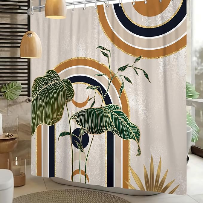 Green Brown Boho Shower Curtain Mid Century Abstract Plant Tropical Leaves Bath Curtain Modern Minimalist Geometric Arch Bath Decor Waterproof Polyester Fabric with Hooks 48x72 inch