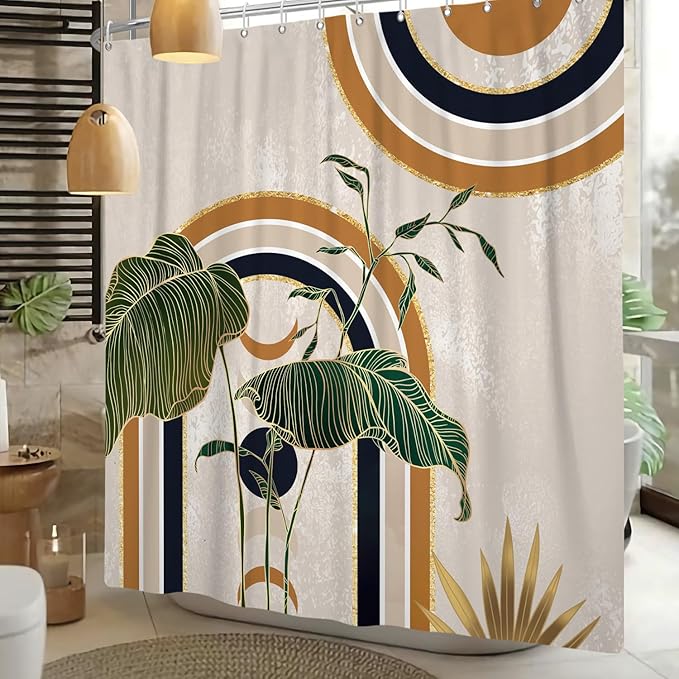 Green Brown Boho Shower Curtain Mid Century Abstract Plant Tropical Leaves Bath Curtain Modern Minimalist Geometric Arch Bath Decor Waterproof Polyester Fabric with Hooks 72x72 inch