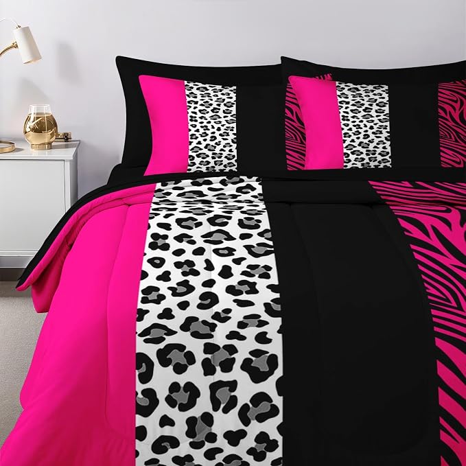 Nesker Comforter Set Queen Size, Leopard Color Block Pink 7 Pcs Bedding for Kids and Adults, Wild Zebra Print Bed Sheet Sets with Fitted Sheet 2 Pillowcases & 2 Shams
