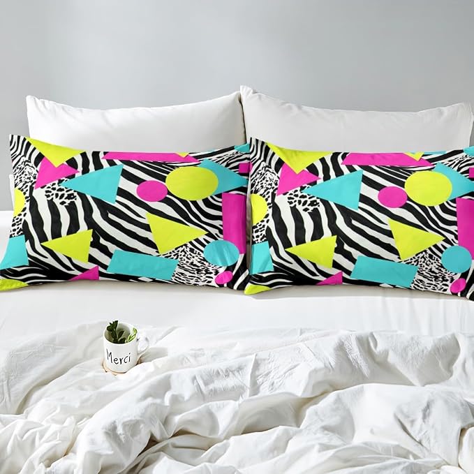 Memphis Duvet Cover Set Queen Size,Geometric Circle Triangle 80s 90s Hip Pop Bedding Set for Boys Girls,Leopard Print Zebra Skin Comforter Cover,Hippy Fashion Quilt Cover,2 Pillowcases(No Filler)