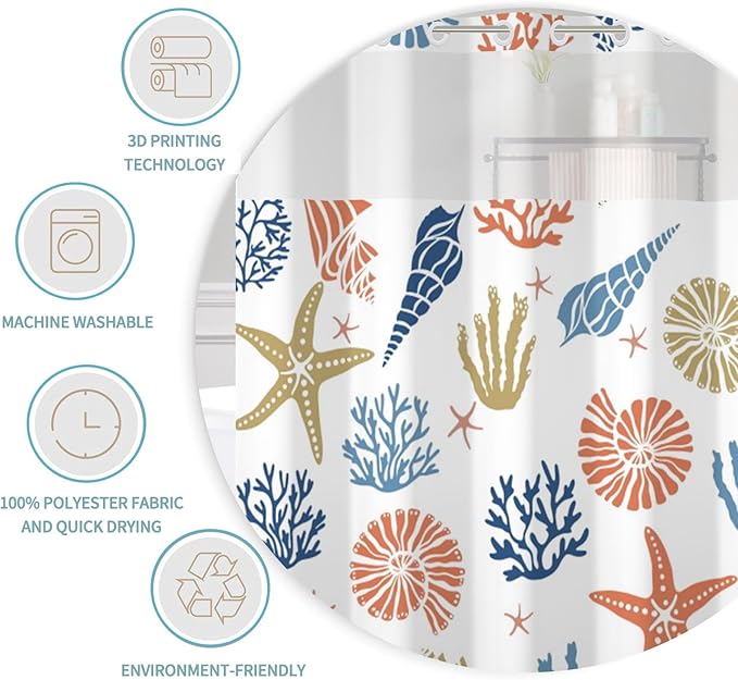 No Hook Nautical Coastal Shower Curtain with Snap in Liner Set Ocean Themed Coral Seashell Starfish Beach Shower Curtains Polyester Fabric Waterproof Bathroom Curtains 71Wx74H