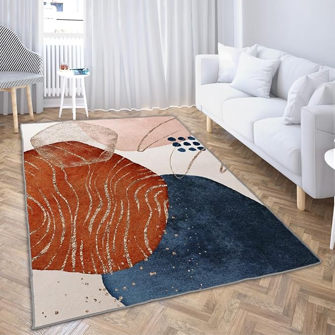 Ansouyi Orange Blue and Gold Non-Slip 5x7 ft Area Rugs, Washable Rug Carpet for Living Room, Terracotta Abstract Modern Art Home Decor Rugs for Game Room Classroom Bedroom Dining Kindergarten Room