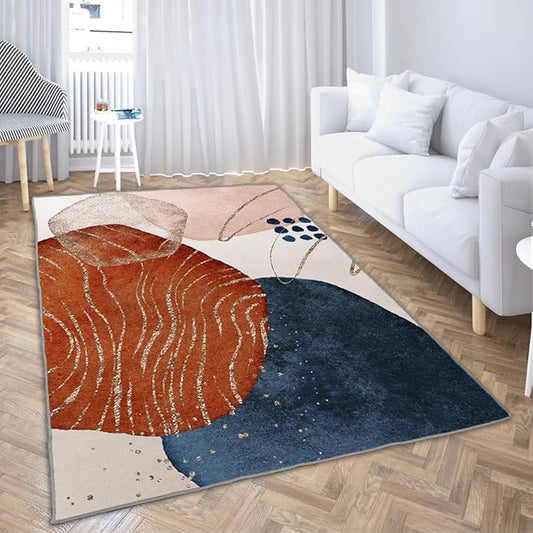 Ansouyi Orange Blue and Gold Non-Slip 5x7 ft Area Rugs, Washable Rug Carpet for Living Room, Terracotta Abstract Modern Art Home Decor Rugs for Game Room Classroom Bedroom Dining Kindergarten Room