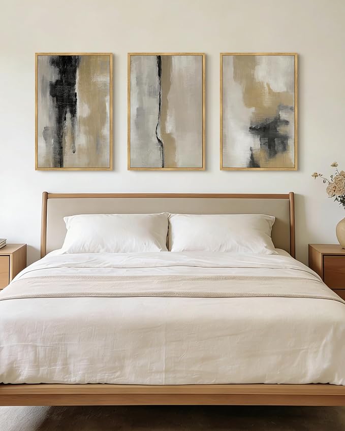 KUVIOKE Black Abstract Framed Wall Art Neutral Graffiti Pastel Minimalist Wall Decor Modern Art Painting for Bedroom Living Room 24x36in (Natural Framed)