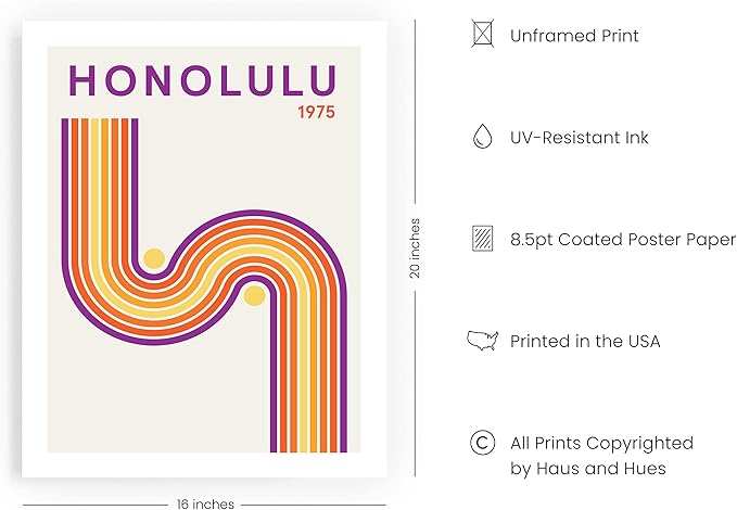 HAUS AND HUES Vintage Travel Poster – Honolulu Art Print, Retro City Artwork, Hawaiian Wall Decor, Abstract Beach Poster (Unframed 16x20)