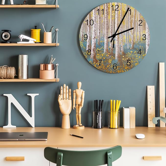 Trees Yellow Blue Forest Painting Art Style Wall Clock Battery Operated Non-Ticking 12" Round Wood Clocks, Kitchen Wall Clock for School Bathroom Living Room Home Office Wall Decor
