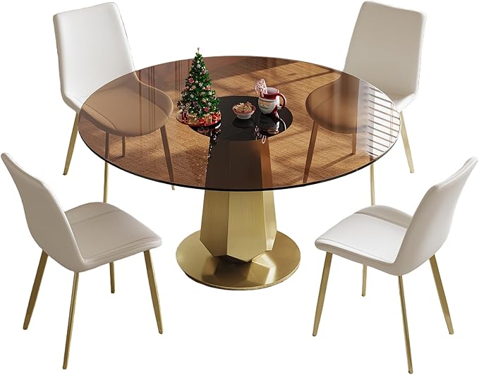 Montary 53 inch Luxury Round Dining Table Set with Smoked Glass Top & Gold Stainless Steel Base, Modern 5-Piece Kitchen Set for 4-8 People, Dining Table with 4 White PU Chairs, Easy Assembly