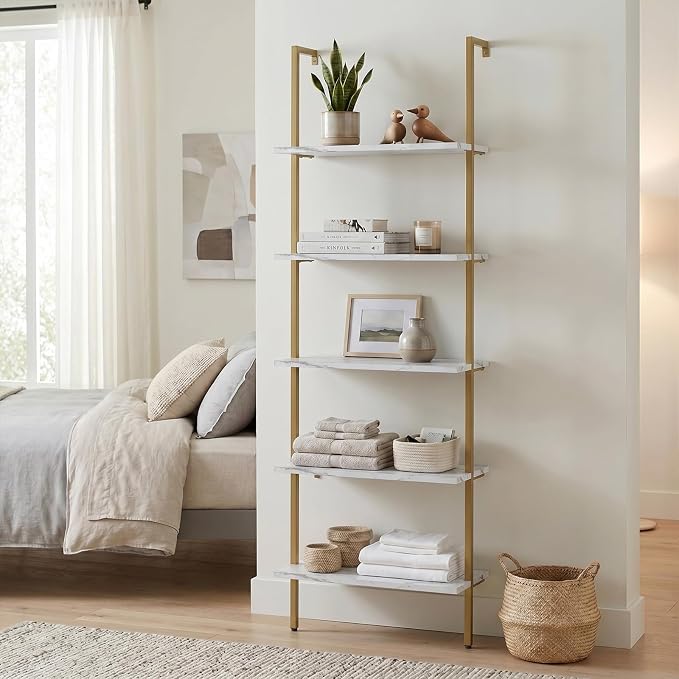 Wolawu Ladder Shelf 5 Tiers Wall Mounted Bookshelf 2-Piece White Marble Modern Bookshelf Open Tall Storage Bookcase Standing Leaning Wall Shelves Industrial Decorative for Home Office Living Room