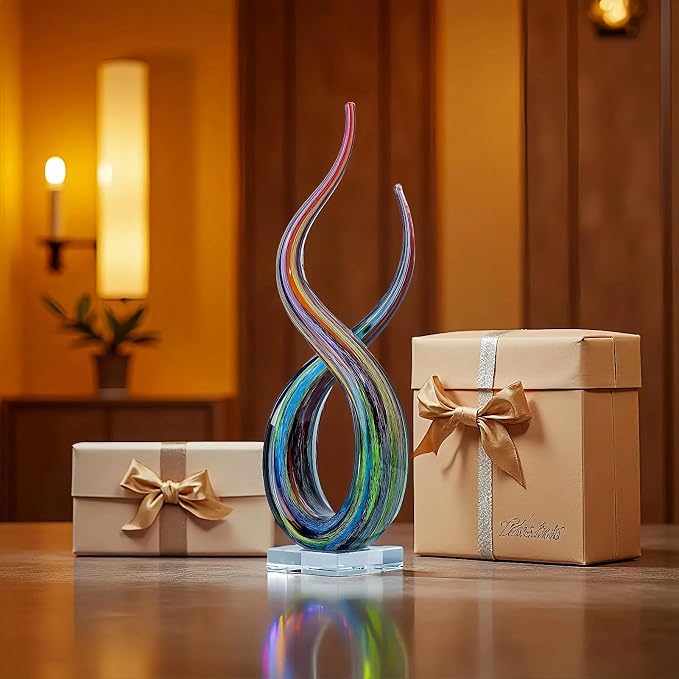 Hand Blown Murano Style Glass Sculpture, 14" Double Spiral Infinity Music Note Figurine Collectible, Modern Abstract Home Decor for Living Room Office Aquarium, Unique Gift for Art Lovers
