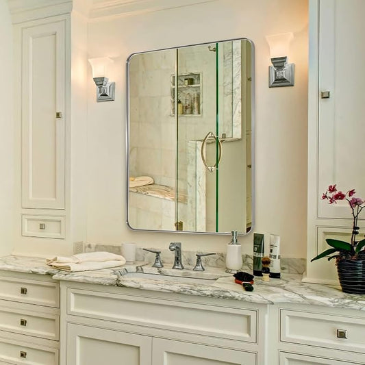 ANDY STAR Chrome Mirror for Bathroom, 30x36 Metal Frame Wall Mirror with Rounded Corner, Modern Rectangle Bathroom Vanity Mirror with Polish Finish