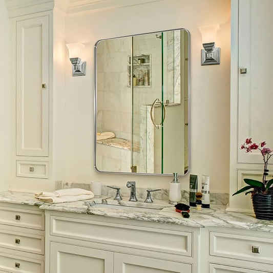 ANDY STAR Chrome Mirror for Bathroom, 30x36 Metal Frame Wall Mirror with Rounded Corner, Modern Rectangle Bathroom Vanity Mirror with Polish Finish