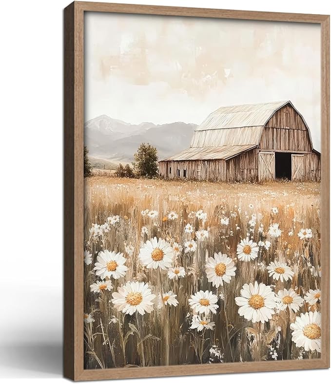 Framed Canvas Wall Art Rustic Barn Daisy Field Print Country Landscape Poster Farmhouse Picture Gallery Artwork Living Room Bedroom Office Apartment 12X16 Inch Ready to Hang