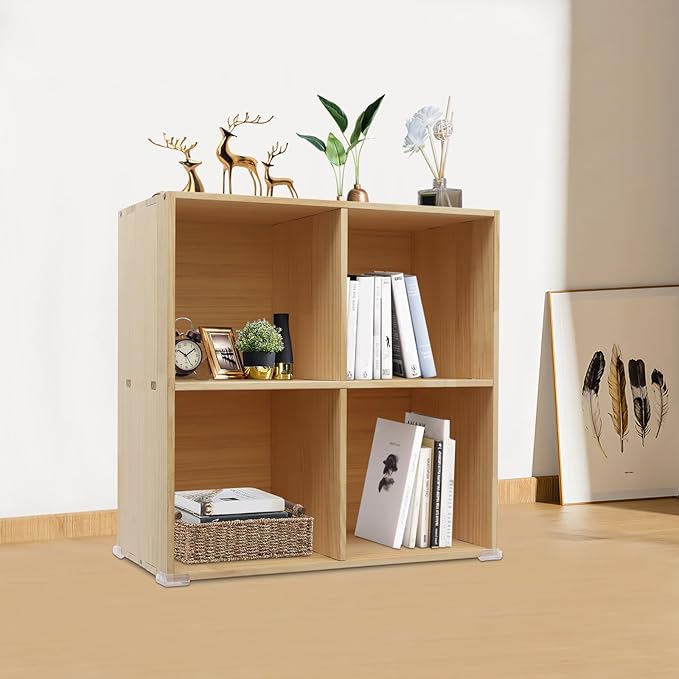 4 Cube Storage Organizer, Solid Wood Bookshelf, Vertical Or Horizontal Bookcase Horizontal Bookshelf, Bookcase for Bedroom, Living Room, Office (Natural Wood, 4-Cube, 2)