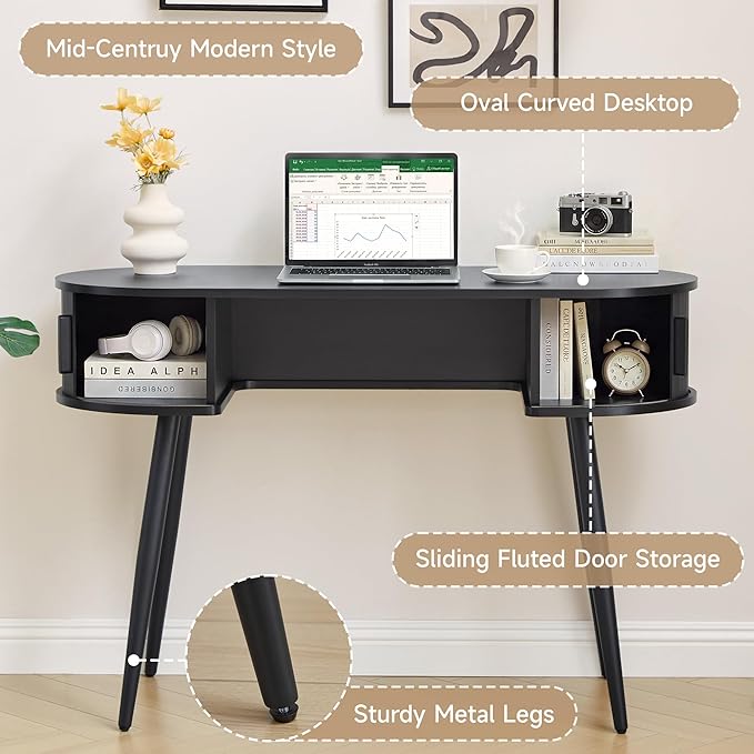 AVZEAR 43" Oval Fluted Home Office Desk, Small Computer Desk Mid Century Modern Vanity Table with Sliding Tambour Door, Wooden Writing Study Desk for Small Spaces, Bedroom, Office(Black)