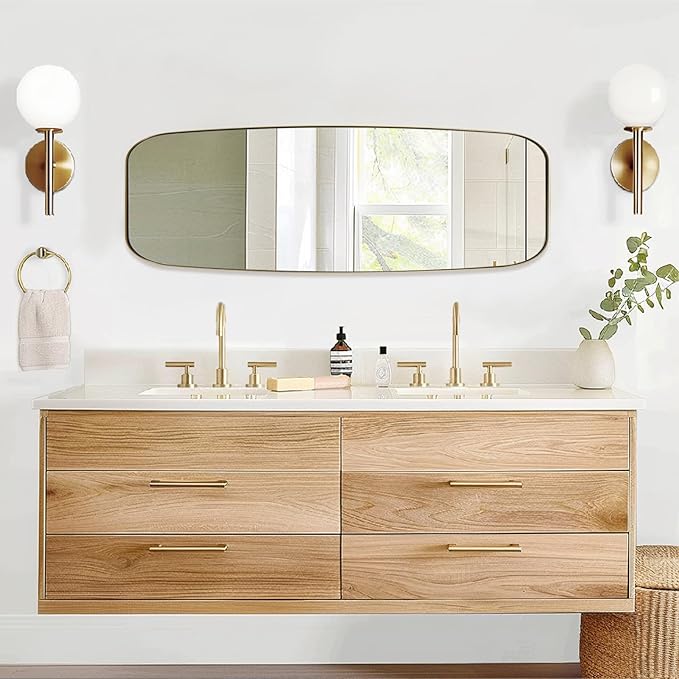 ANDY STAR 18x48 Full Length Wall Mirror, Brushed Gold Oblong Shaped Body Mirror with Stainless Steel Metal Frame, Rounded Corner Design for Floor and Leaning